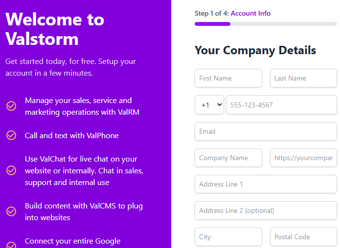 The registration page of valstorm.