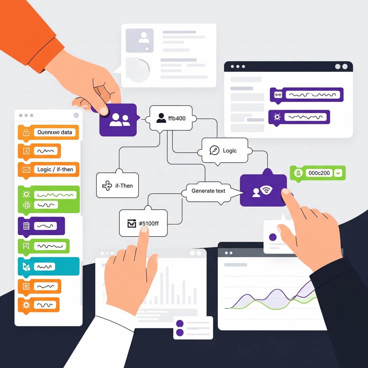 Illustration of a user building AI prompts with a drag-anddrop interface.